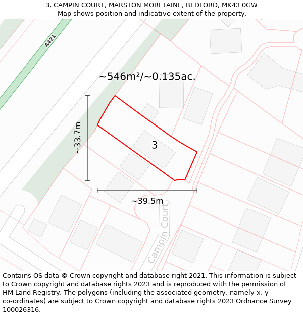 3, CAMPIN COURT, MARSTON MORETAINE, BEDFORD, MK43 0GW: Plot and title map