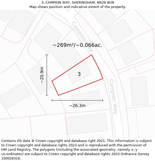 3, CAMPION WAY, SHERINGHAM, NR26 8UN: Plot and title map