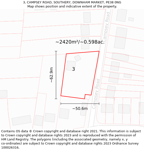 3, CAMPSEY ROAD, SOUTHERY, DOWNHAM MARKET, PE38 0NG: Plot and title map