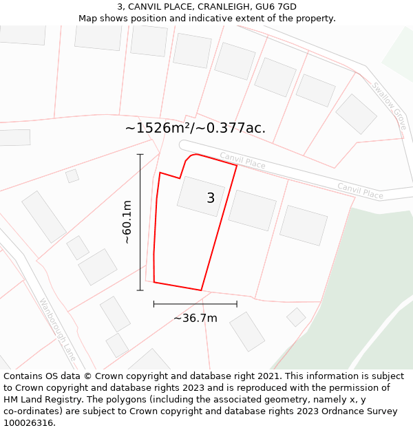 3, CANVIL PLACE, CRANLEIGH, GU6 7GD: Plot and title map