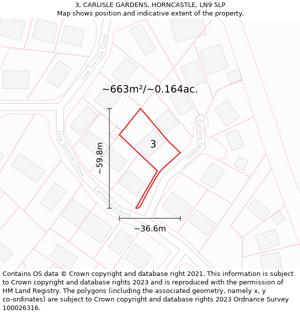 3, CARLISLE GARDENS, HORNCASTLE, LN9 5LP: Plot and title map