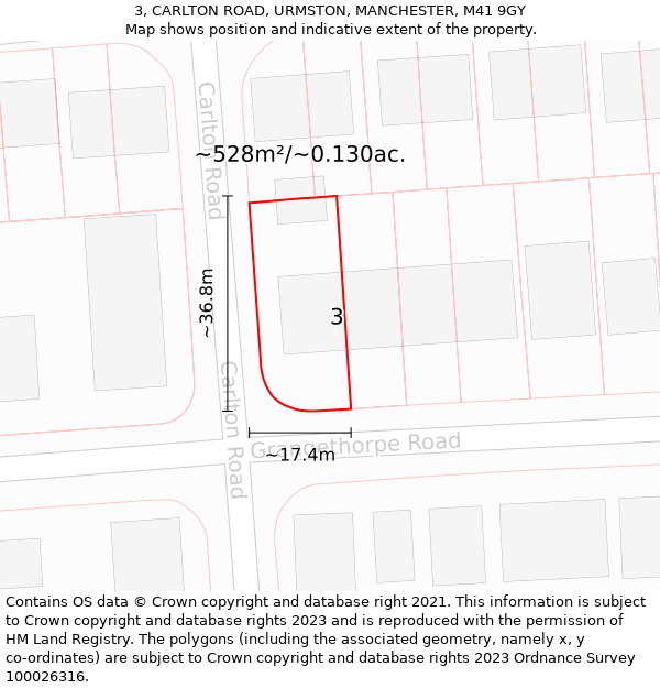 3, CARLTON ROAD, URMSTON, MANCHESTER, M41 9GY: Plot and title map