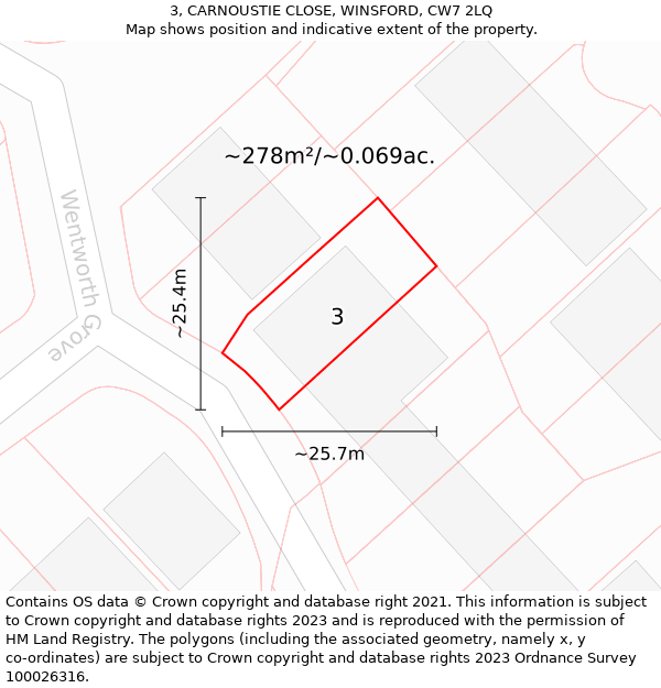 3, CARNOUSTIE CLOSE, WINSFORD, CW7 2LQ: Plot and title map