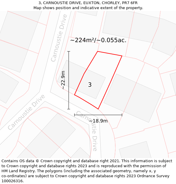 3, CARNOUSTIE DRIVE, EUXTON, CHORLEY, PR7 6FR: Plot and title map