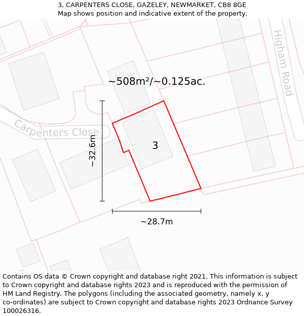 3, CARPENTERS CLOSE, GAZELEY, NEWMARKET, CB8 8GE: Plot and title map