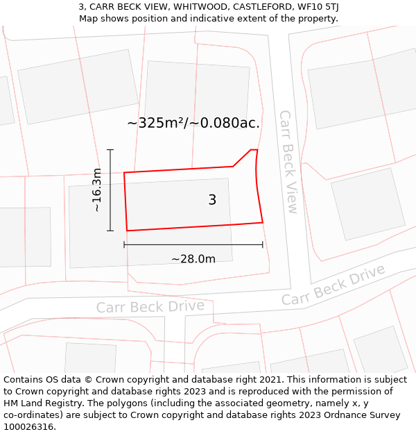 3, CARR BECK VIEW, WHITWOOD, CASTLEFORD, WF10 5TJ: Plot and title map