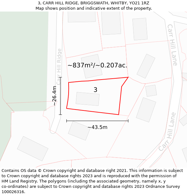 3, CARR HILL RIDGE, BRIGGSWATH, WHITBY, YO21 1RZ: Plot and title map