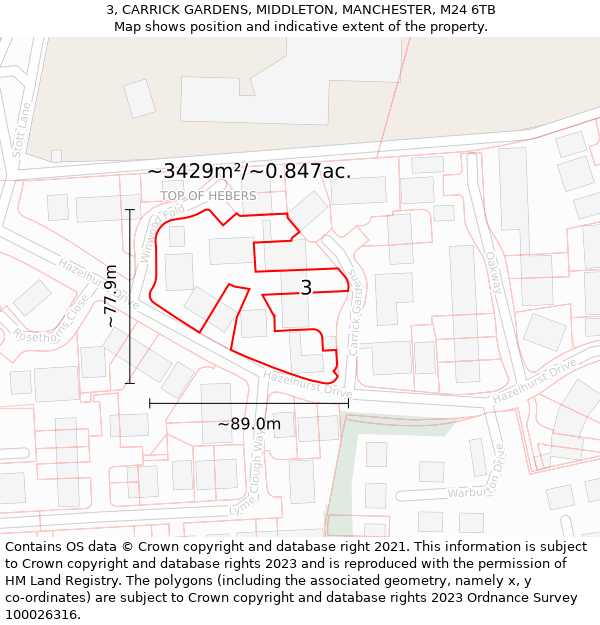 3, CARRICK GARDENS, MIDDLETON, MANCHESTER, M24 6TB: Plot and title map