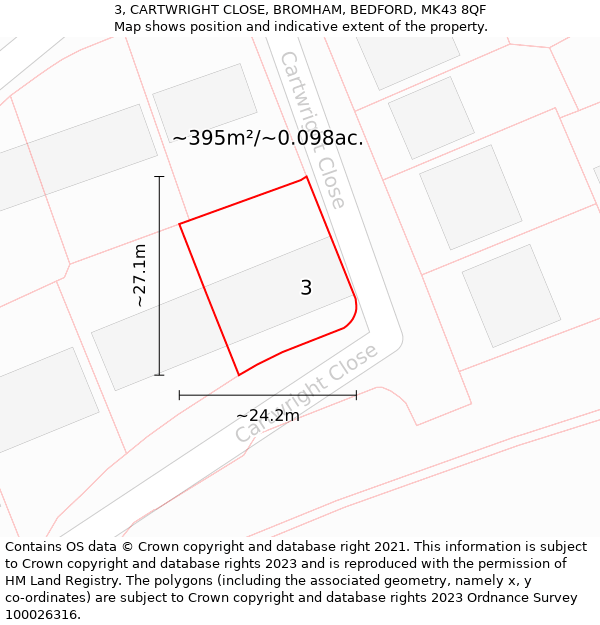 3, CARTWRIGHT CLOSE, BROMHAM, BEDFORD, MK43 8QF: Plot and title map