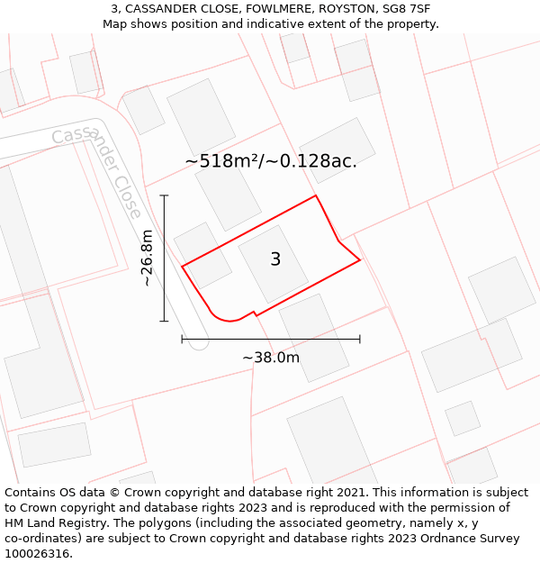 3, CASSANDER CLOSE, FOWLMERE, ROYSTON, SG8 7SF: Plot and title map