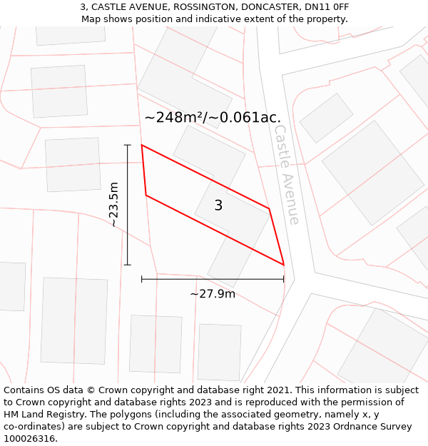 3, CASTLE AVENUE, ROSSINGTON, DONCASTER, DN11 0FF: Plot and title map