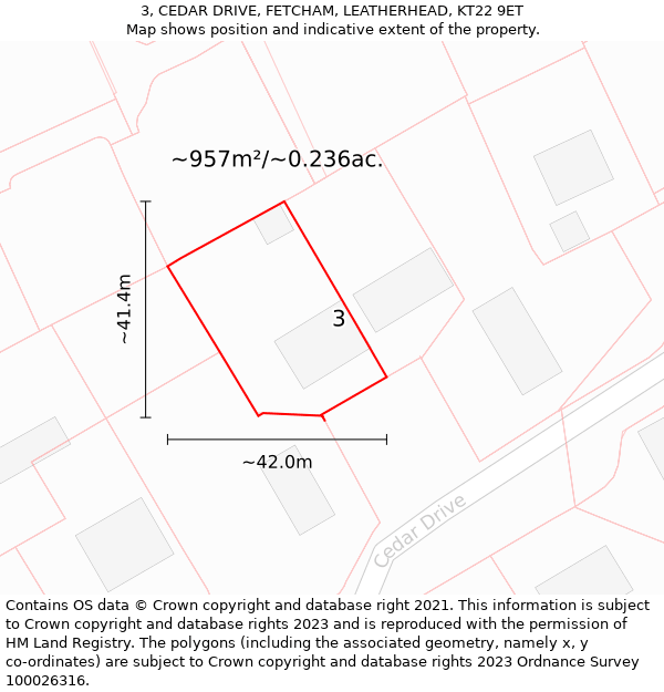 3, CEDAR DRIVE, FETCHAM, LEATHERHEAD, KT22 9ET: Plot and title map