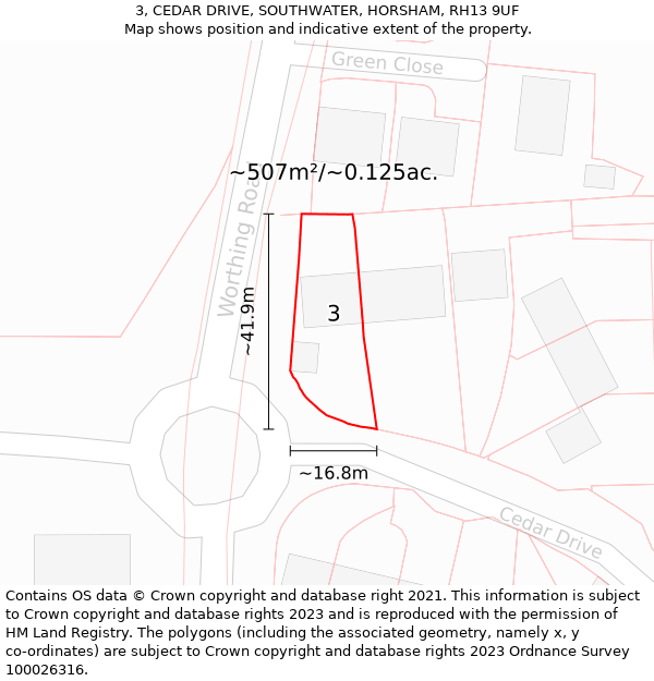 3, CEDAR DRIVE, SOUTHWATER, HORSHAM, RH13 9UF: Plot and title map