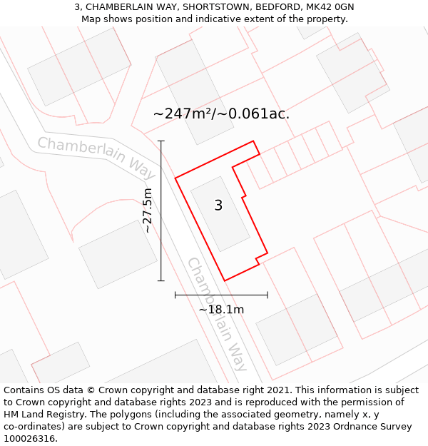 3, CHAMBERLAIN WAY, SHORTSTOWN, BEDFORD, MK42 0GN: Plot and title map