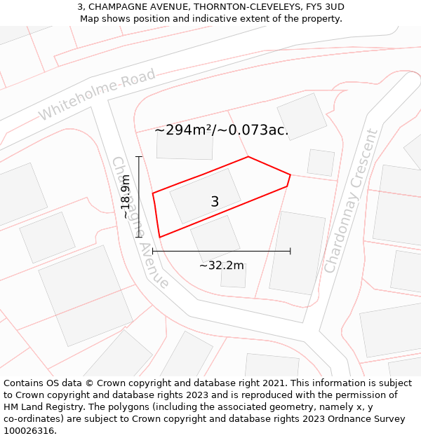 3, CHAMPAGNE AVENUE, THORNTON-CLEVELEYS, FY5 3UD: Plot and title map