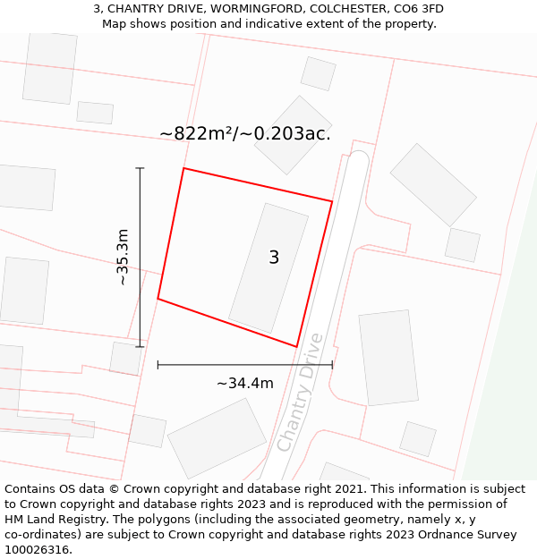 3, CHANTRY DRIVE, WORMINGFORD, COLCHESTER, CO6 3FD: Plot and title map