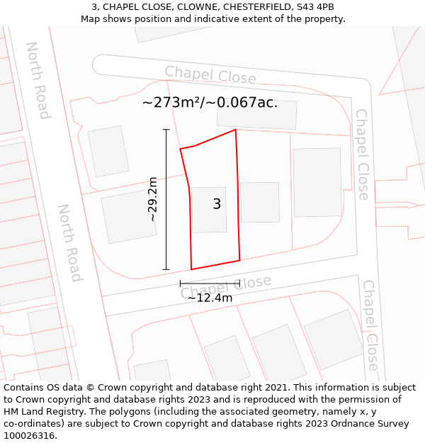 3, CHAPEL CLOSE, CLOWNE, CHESTERFIELD, S43 4PB: Plot and title map