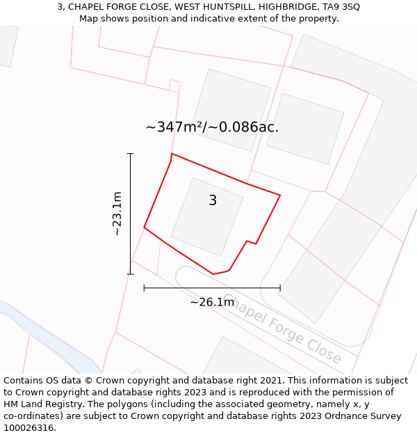 3, CHAPEL FORGE CLOSE, WEST HUNTSPILL, HIGHBRIDGE, TA9 3SQ: Plot and title map