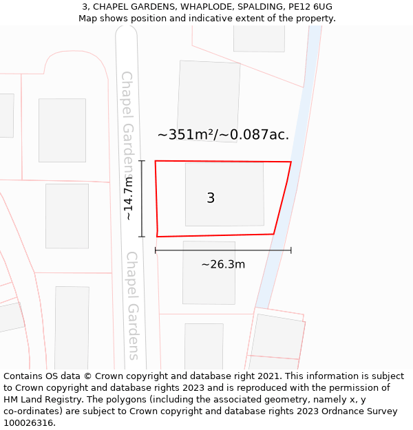 3, CHAPEL GARDENS, WHAPLODE, SPALDING, PE12 6UG: Plot and title map