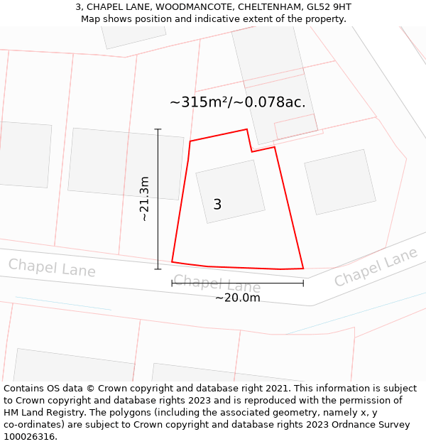 3, CHAPEL LANE, WOODMANCOTE, CHELTENHAM, GL52 9HT: Plot and title map