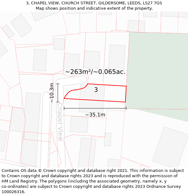 3, CHAPEL VIEW, CHURCH STREET, GILDERSOME, LEEDS, LS27 7GS: Plot and title map