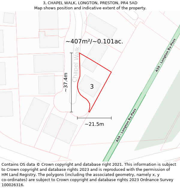 3, CHAPEL WALK, LONGTON, PRESTON, PR4 5AD: Plot and title map