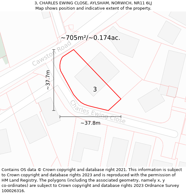 3, CHARLES EWING CLOSE, AYLSHAM, NORWICH, NR11 6LJ: Plot and title map