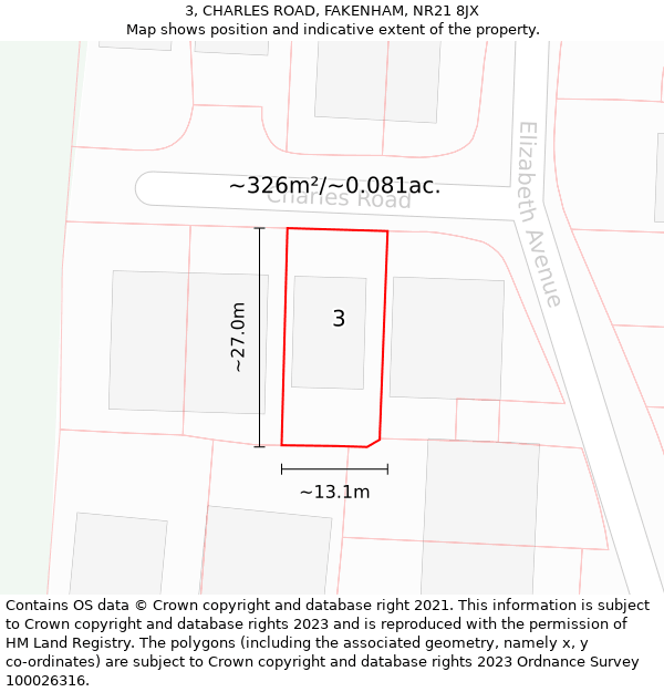 3, CHARLES ROAD, FAKENHAM, NR21 8JX: Plot and title map