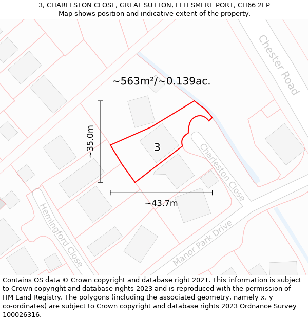 3, CHARLESTON CLOSE, GREAT SUTTON, ELLESMERE PORT, CH66 2EP: Plot and title map