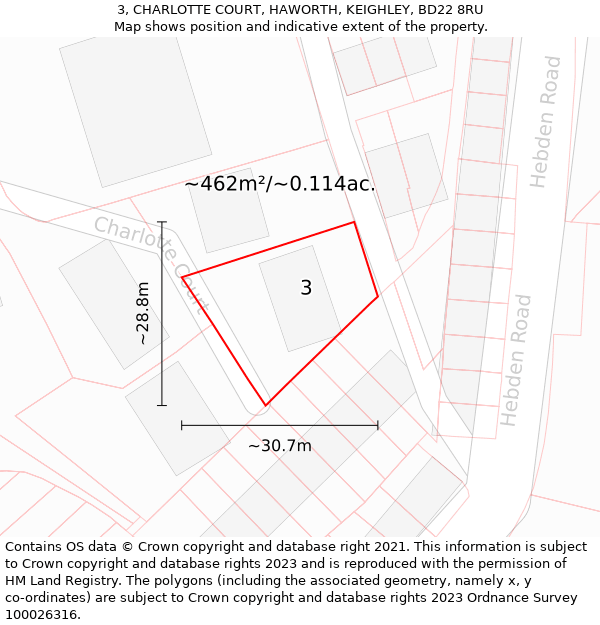 3, CHARLOTTE COURT, HAWORTH, KEIGHLEY, BD22 8RU: Plot and title map