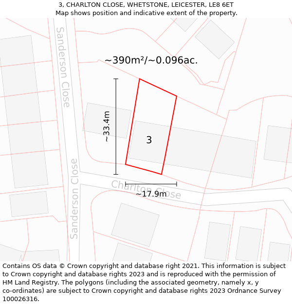 3, CHARLTON CLOSE, WHETSTONE, LEICESTER, LE8 6ET: Plot and title map