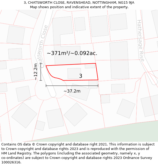 3, CHATSWORTH CLOSE, RAVENSHEAD, NOTTINGHAM, NG15 9JA: Plot and title map