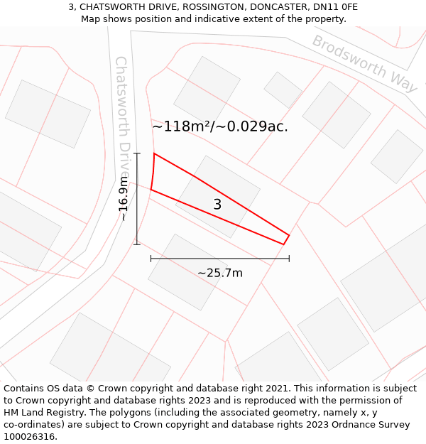 3, CHATSWORTH DRIVE, ROSSINGTON, DONCASTER, DN11 0FE: Plot and title map