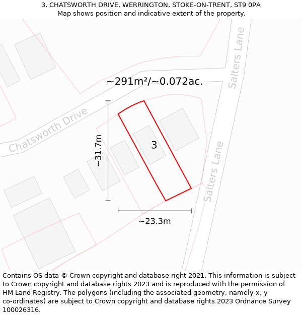 3, CHATSWORTH DRIVE, WERRINGTON, STOKE-ON-TRENT, ST9 0PA: Plot and title map