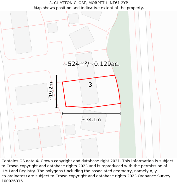 3, CHATTON CLOSE, MORPETH, NE61 2YP: Plot and title map