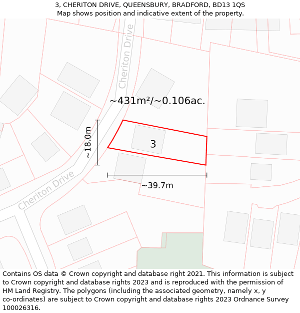 3, CHERITON DRIVE, QUEENSBURY, BRADFORD, BD13 1QS: Plot and title map