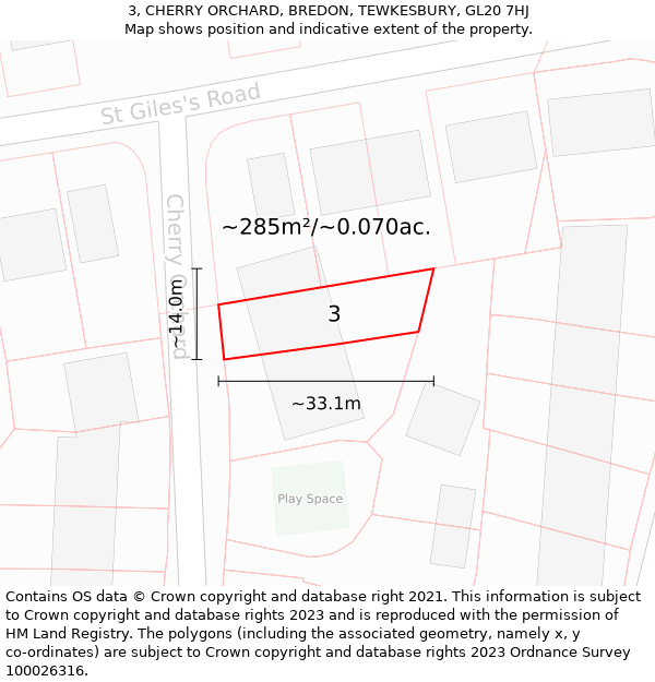 3, CHERRY ORCHARD, BREDON, TEWKESBURY, GL20 7HJ: Plot and title map