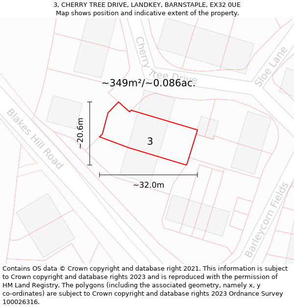 3, CHERRY TREE DRIVE, LANDKEY, BARNSTAPLE, EX32 0UE: Plot and title map