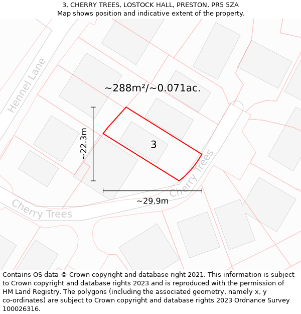 3, CHERRY TREES, LOSTOCK HALL, PRESTON, PR5 5ZA: Plot and title map