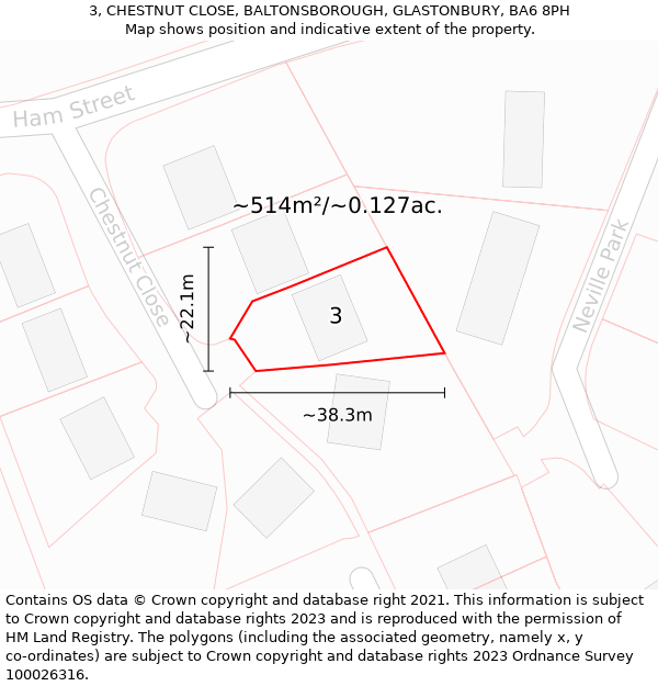 3, CHESTNUT CLOSE, BALTONSBOROUGH, GLASTONBURY, BA6 8PH: Plot and title map