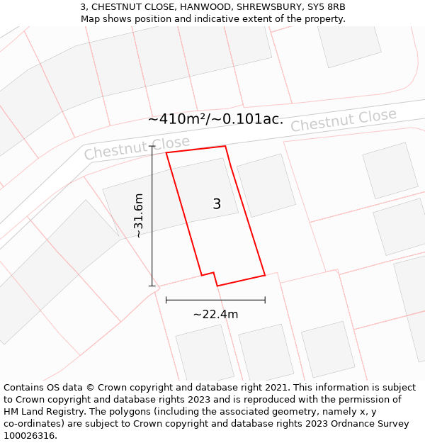 3, CHESTNUT CLOSE, HANWOOD, SHREWSBURY, SY5 8RB: Plot and title map