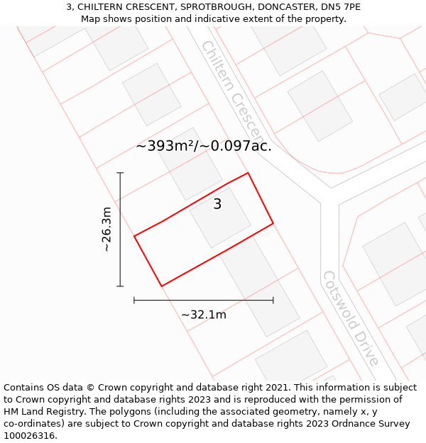 3, CHILTERN CRESCENT, SPROTBROUGH, DONCASTER, DN5 7PE: Plot and title map