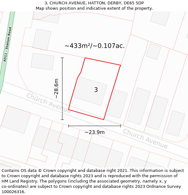 3, CHURCH AVENUE, HATTON, DERBY, DE65 5DP: Plot and title map