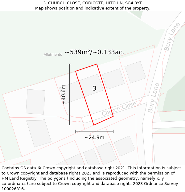 3, CHURCH CLOSE, CODICOTE, HITCHIN, SG4 8YT: Plot and title map