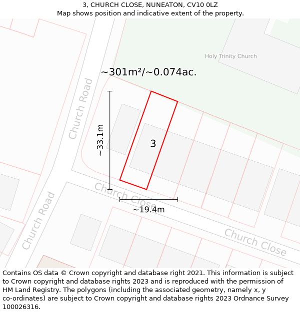 3, CHURCH CLOSE, NUNEATON, CV10 0LZ: Plot and title map