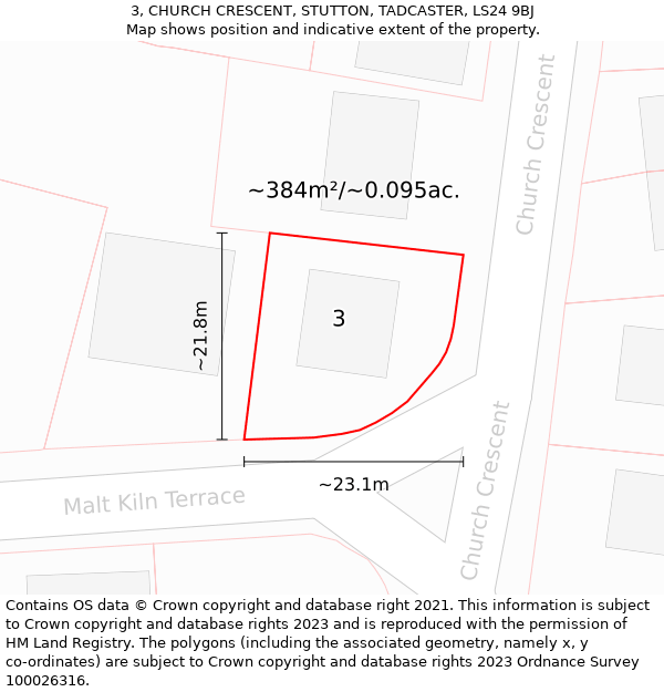 3, CHURCH CRESCENT, STUTTON, TADCASTER, LS24 9BJ: Plot and title map
