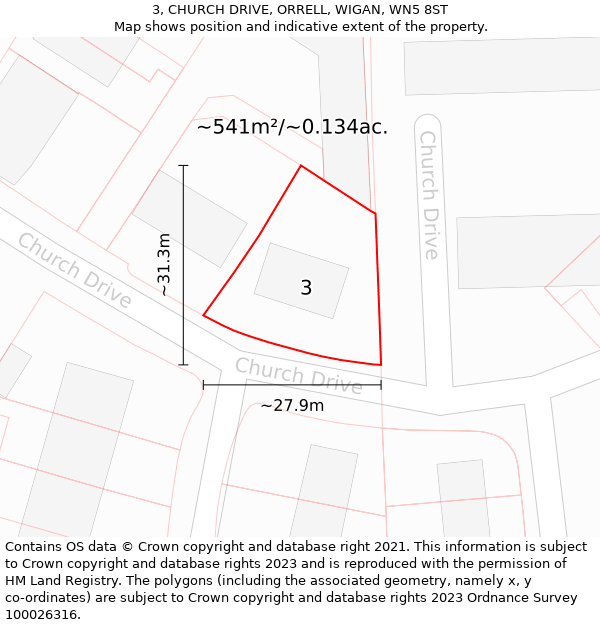 3, CHURCH DRIVE, ORRELL, WIGAN, WN5 8ST: Plot and title map