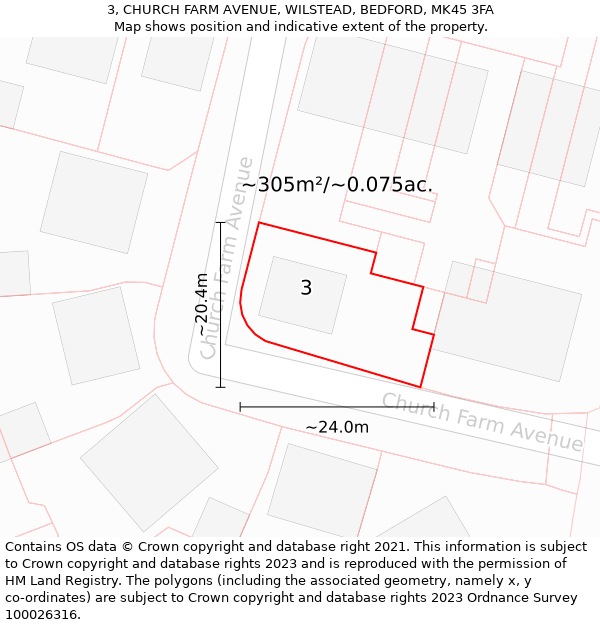 3, CHURCH FARM AVENUE, WILSTEAD, BEDFORD, MK45 3FA: Plot and title map