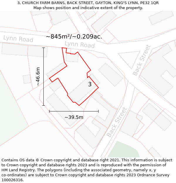 3, CHURCH FARM BARNS, BACK STREET, GAYTON, KING'S LYNN, PE32 1QR: Plot and title map