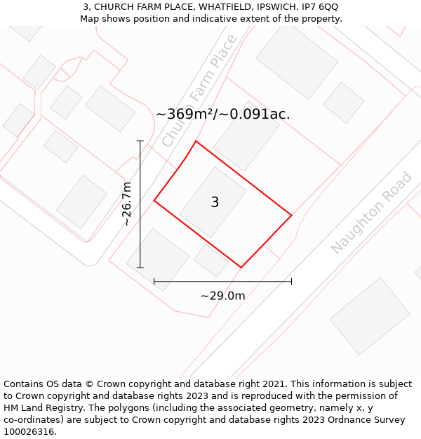 3, CHURCH FARM PLACE, WHATFIELD, IPSWICH, IP7 6QQ: Plot and title map